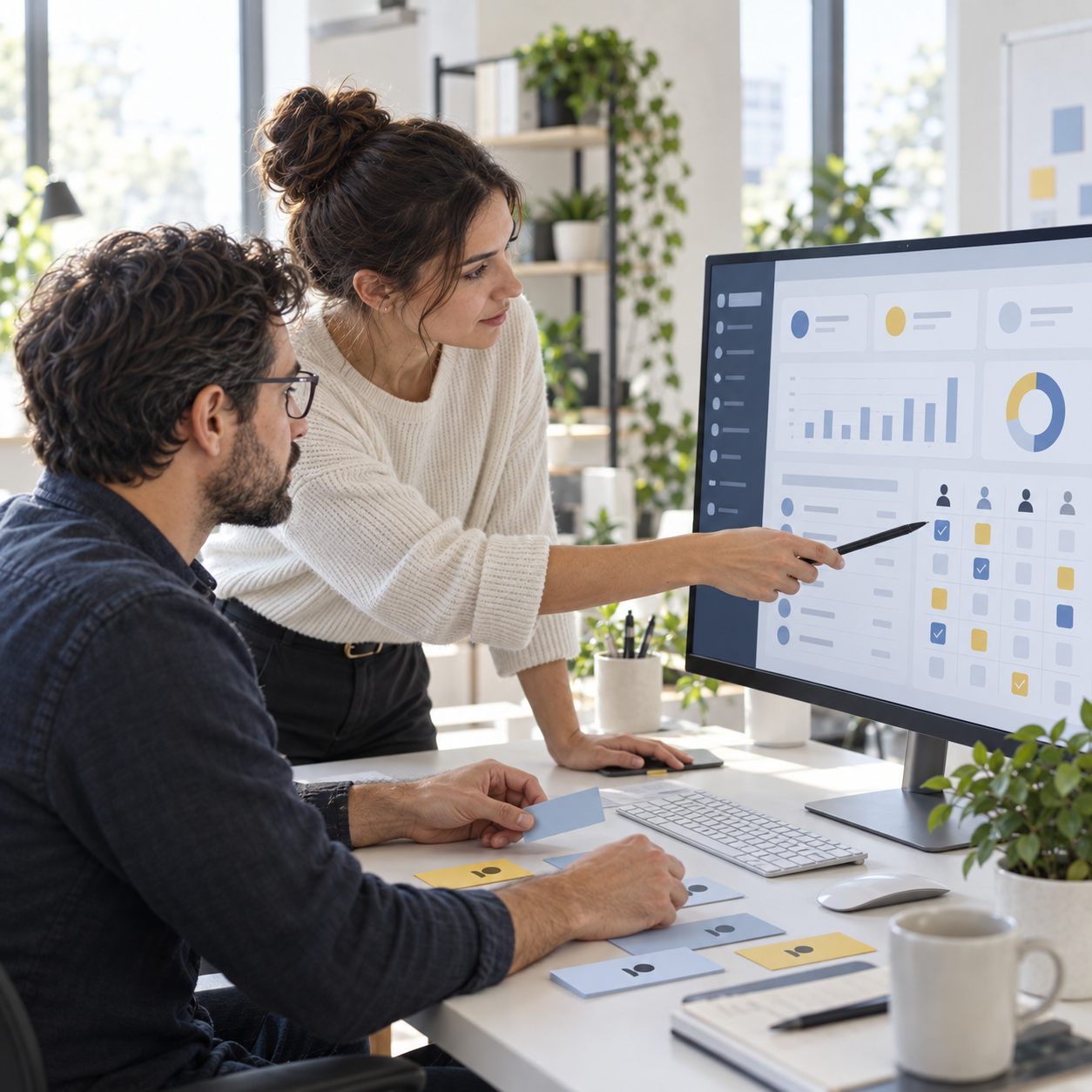 Product team reviewing a role and permission matrix for an admin panel