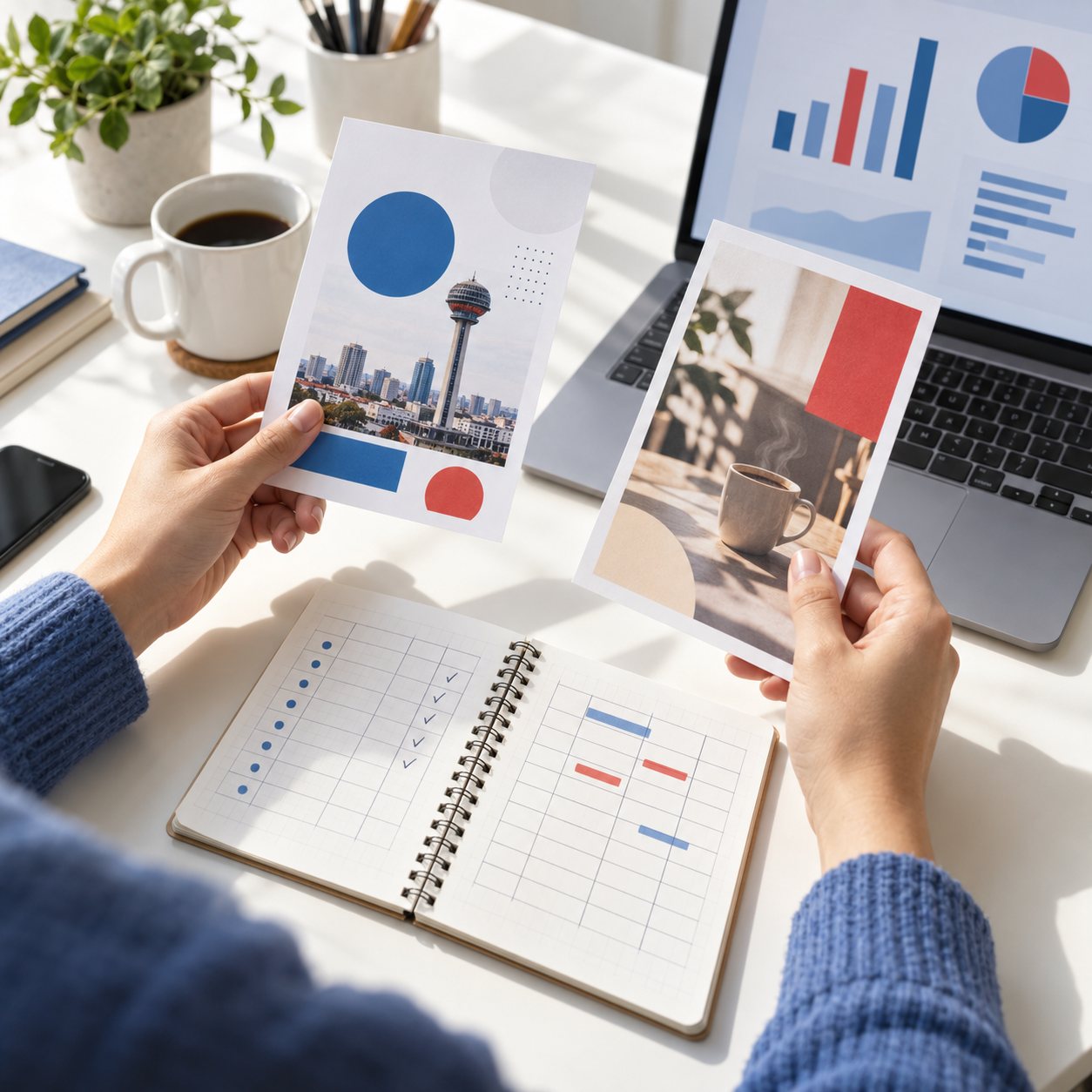 Marketing planner comparing advertising concepts and a campaign plan on a desk
