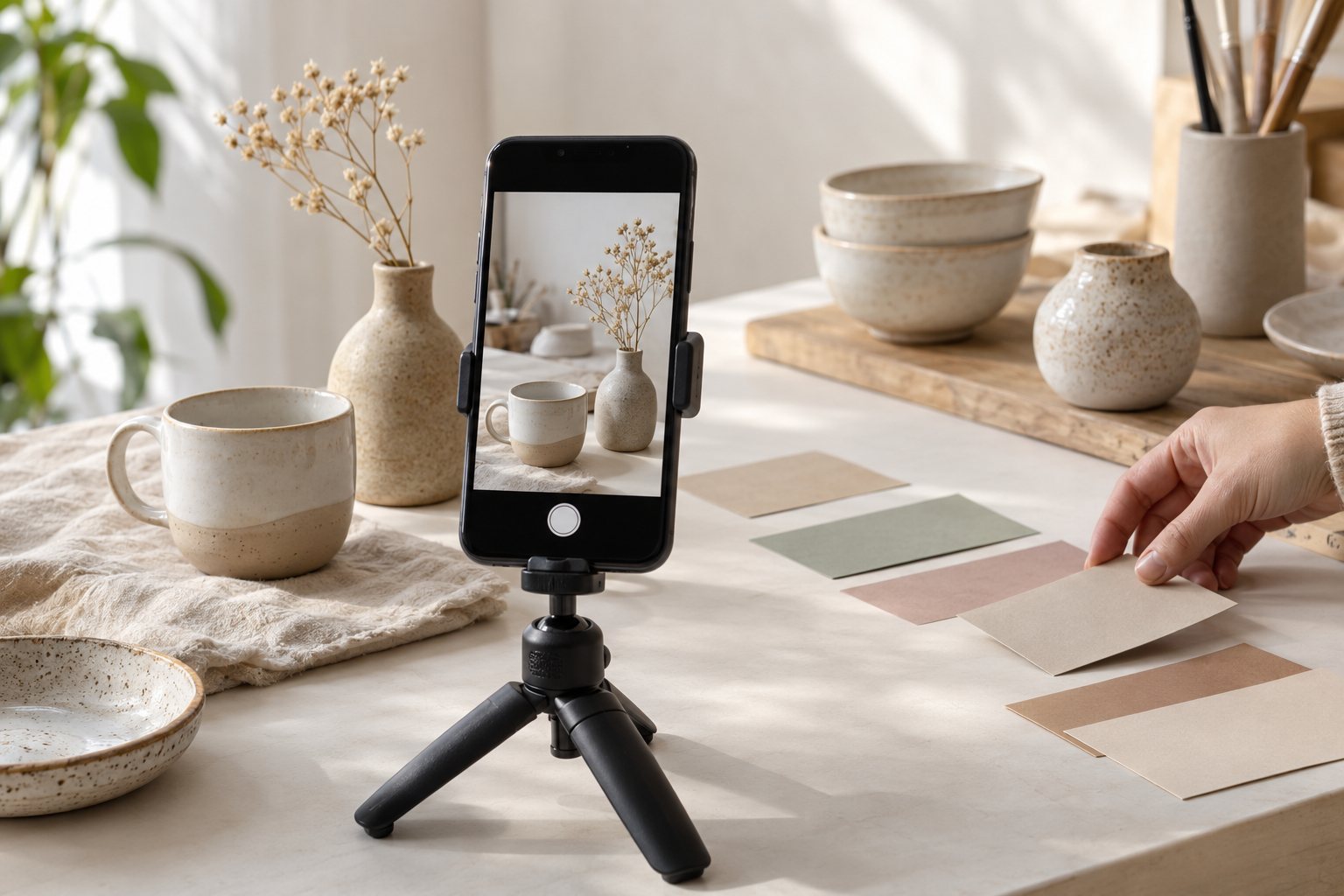 A person arranging content planning cards beside a smartphone photographing ceramic products