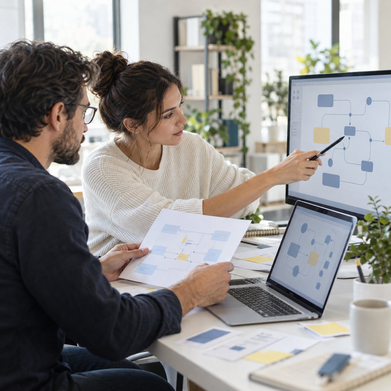 Software team planning data flow between connected systems