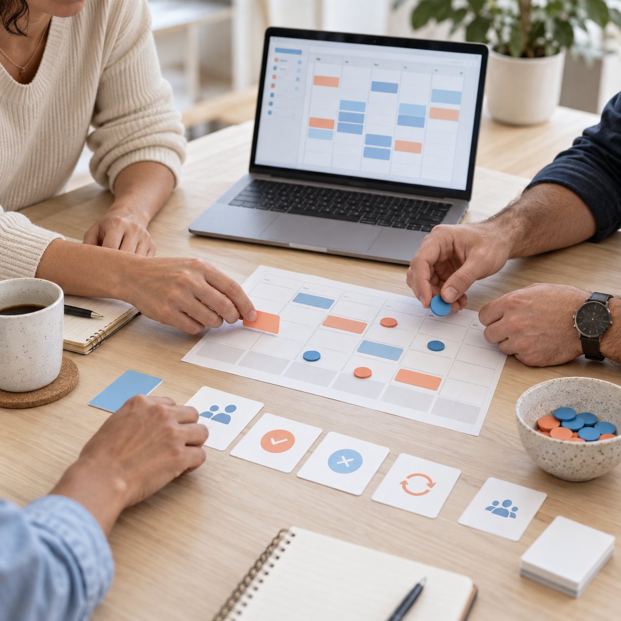 Product team planning an appointment system with a calendar, capacity cards and a digital schedule