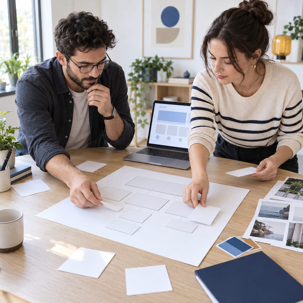 Team arranging cards to plan the page and content structure of a corporate website