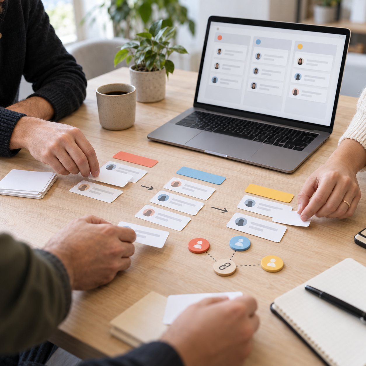 Team arranging customer cards across sales stages while planning a CRM workflow