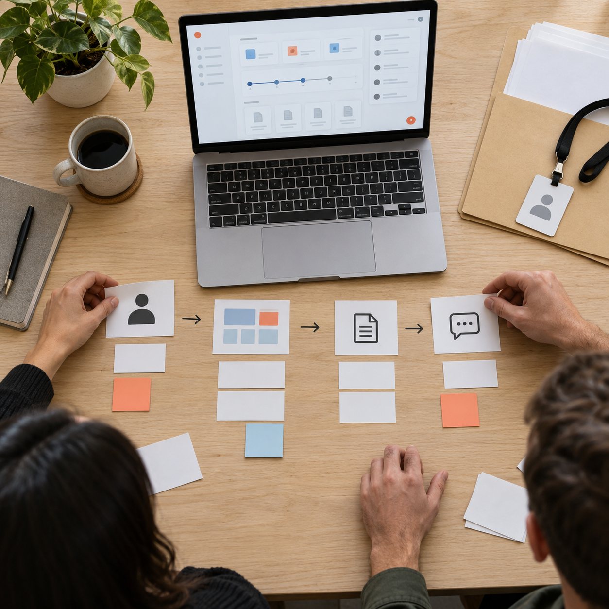 Product team mapping access, document and support flows for a customer portal