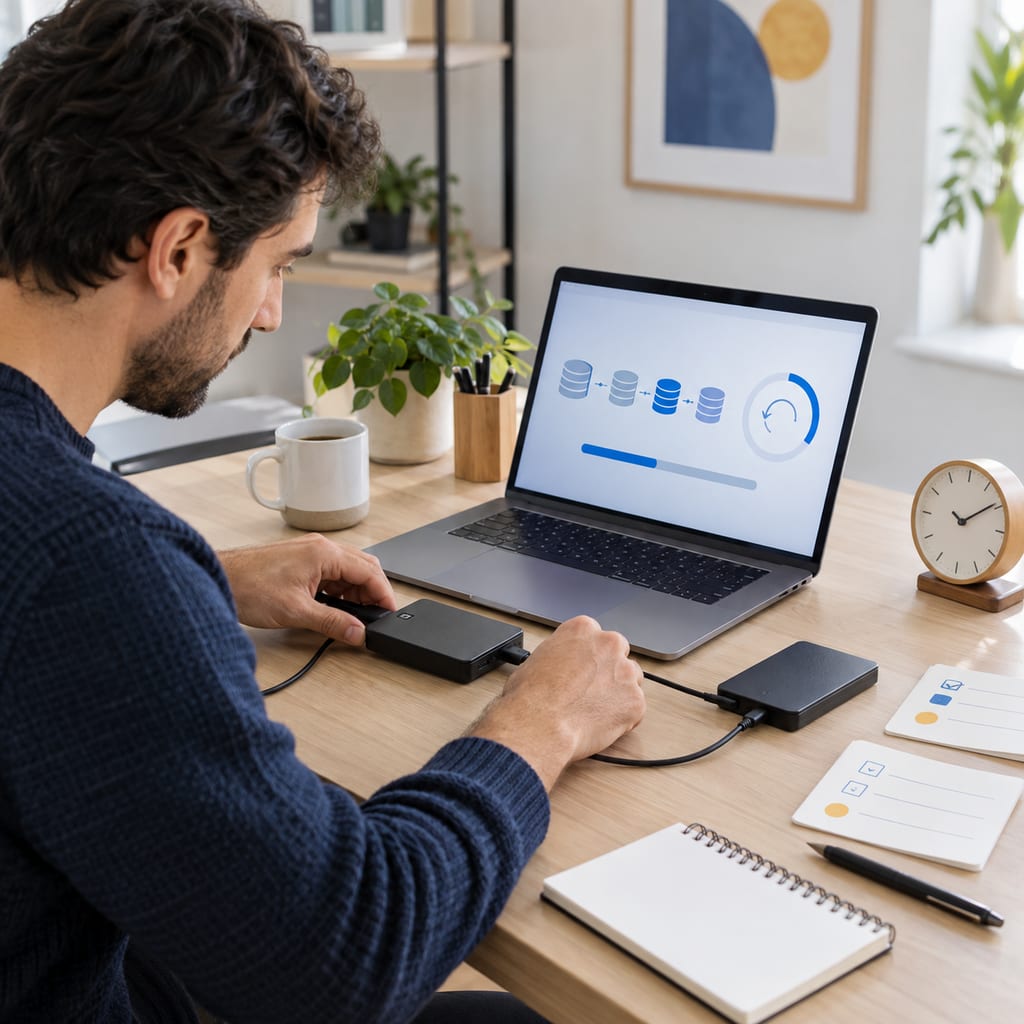 Specialist verifying a data backup and recovery process with external storage devices