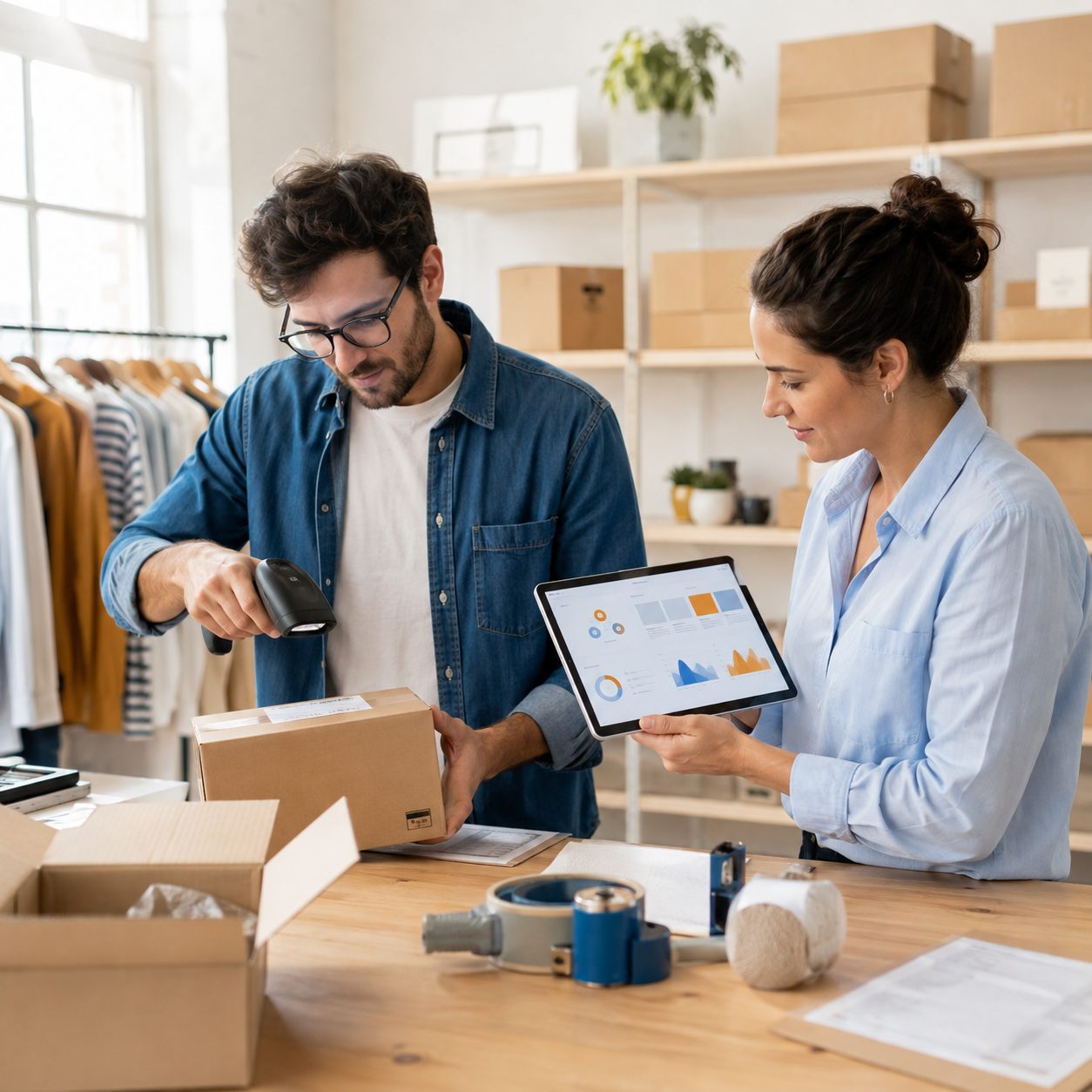 Ecommerce team checking inventory and order flow while packing a shipment