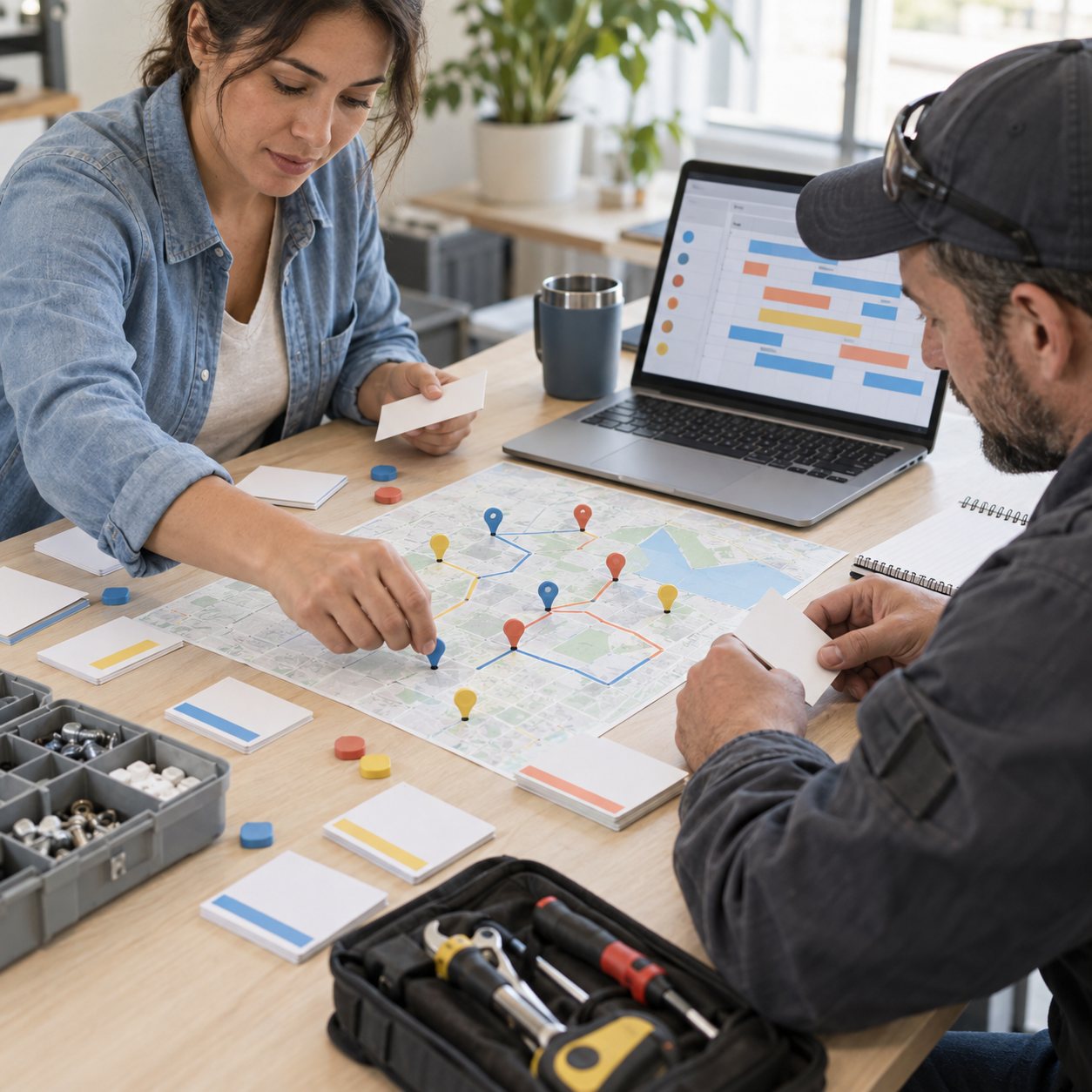 Field team planning work orders, service routes and spare parts together