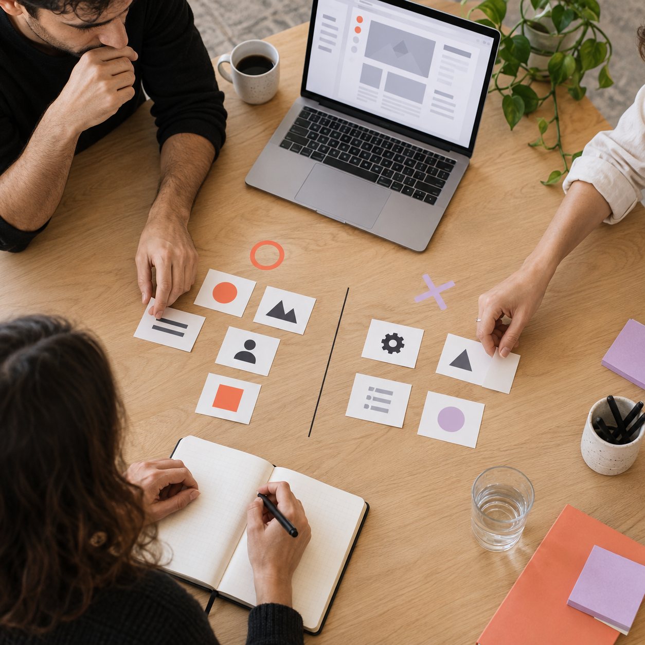 Product team arranging feature cards into two groups while planning the first-release scope