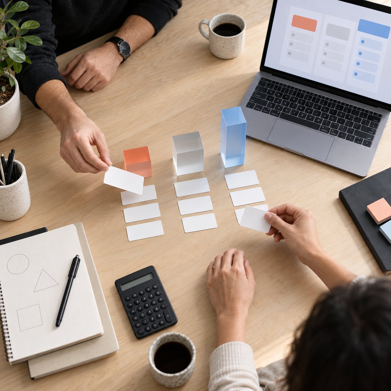 Product team planning SaaS packages with feature cards and blocks of different heights