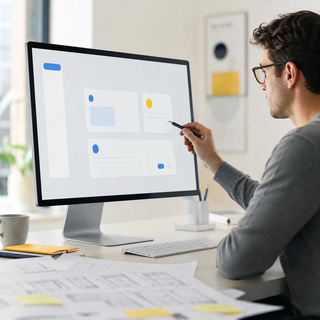Designer simplifying a product interface into a clear hierarchy and focused actions