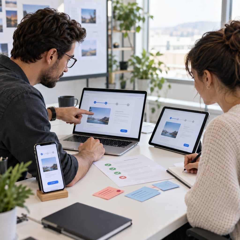 Product team recording acceptance results while testing an application across devices
